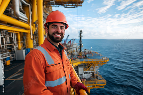 Offshore technician smiling, inspecting safety equipment on an oil rig, looking at camera, Close-up outdoors portrait