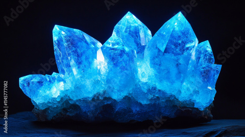 Crystal clusters with blue glowing light aura, quartz or crystalline mineral. Unfaceted rough glowing rocks stalagmites, isolated jewelry precious or semiprecious gem stones, Realistic 3d vector set photo