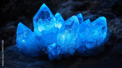 Crystal clusters with blue glowing light aura, quartz or crystalline mineral. Unfaceted rough glowing rocks stalagmites, isolated jewelry precious or semiprecious gem stones, Realistic 3d vector set photo