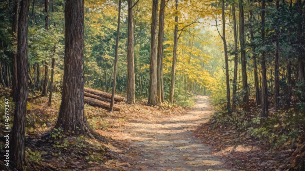 Scenic forest path with tree trunks and autumn foliage creating a peaceful natural landscape for outdoor inspiration Scenic forest path with tree trunks and autumn foliage creating a peaceful natural landscape for outdoor inspiration