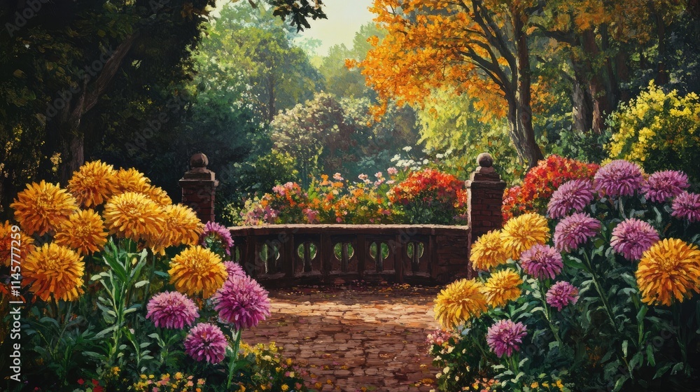 Charming garden pathway adorned with vibrant blooming chrysanthemums and autumn foliage creating a picturesque landscape scene Charming garden pathway adorned with vibrant blooming chrysanthemums and autumn foliage creating a picturesque landscape scene