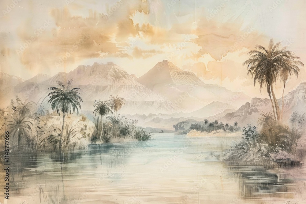 Obraz premium tranquil landscape, mountains, river, palm trees, soft colors