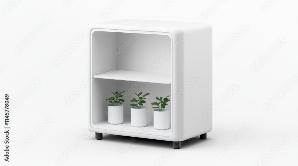 A modern white shelf unit features three potted plants, blending functionality with a touch of greenery for a stylish interior look. A modern white shelf unit features three potted plants, blending functionality with a touch of greenery for a stylish interior look.