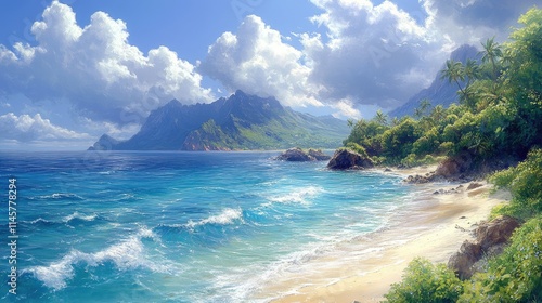 Serene tropical ocean coastline with lush greenery and distant mountains under a blue sky with clouds