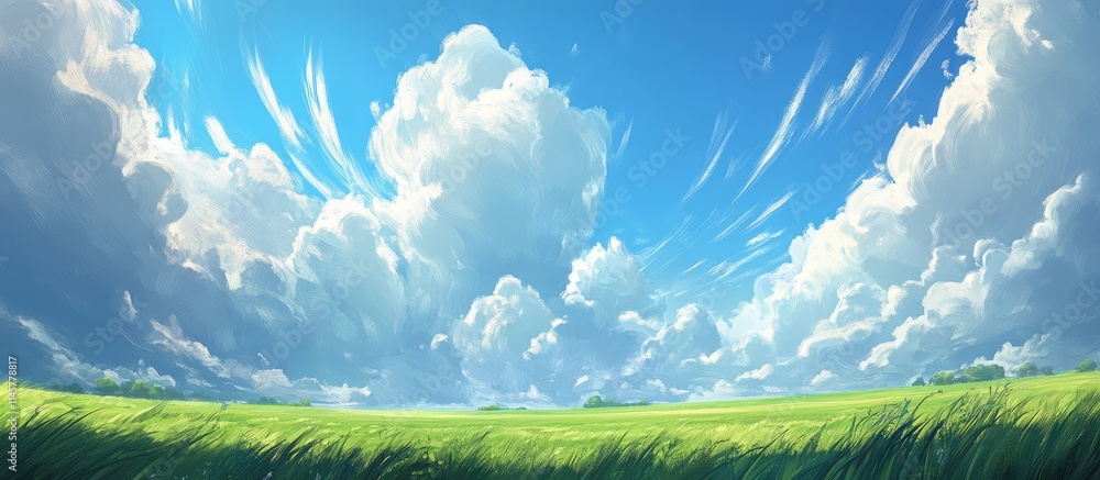 Fototapeta premium Vast green landscape under a bright blue sky with dynamic swirling clouds creating a serene and vibrant natural scene.