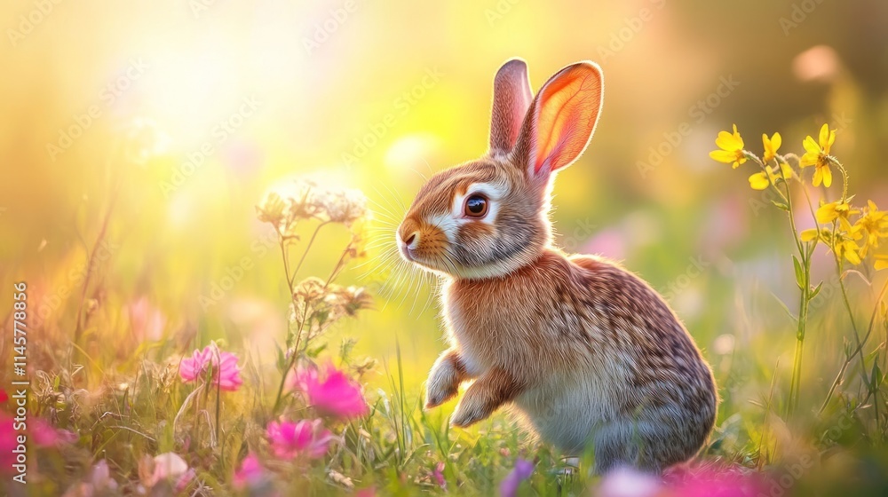 Adorable baby bunny rabbit standing in a vibrant spring meadow, bathed in warm sunlight. Adorable baby bunny rabbit standing in a vibrant spring meadow, bathed in warm sunlight.