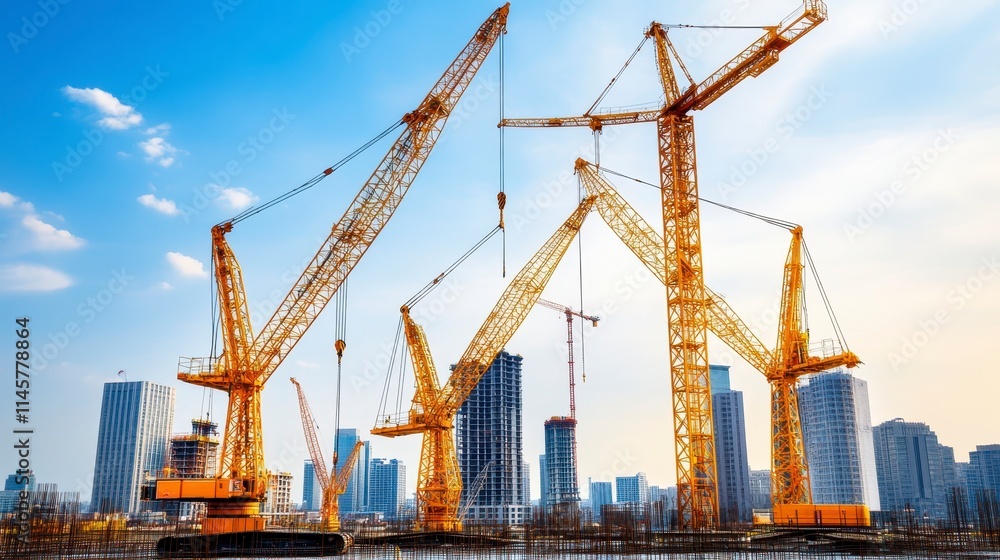 A vibrant construction site with tall cranes against a clear blue sky, highlighting urban development and architectural progress. A vibrant construction site with tall cranes against a clear blue sky, highlighting urban development and architectural progress.