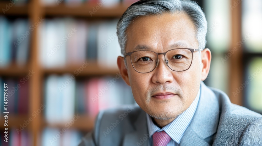 A distinguished man in glasses, wearing a suit, poses confidently in a library filled with books, reflecting wisdom and professionalism. A distinguished man in glasses, wearing a suit, poses confidently in a library filled with books, reflecting wisdom and professionalism.