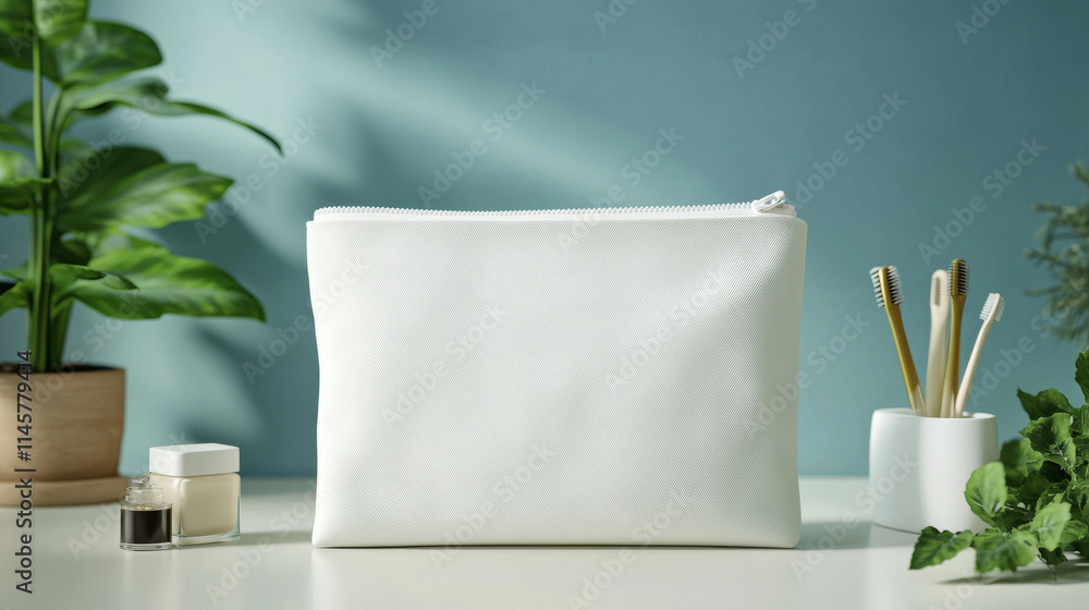 White cosmetic bag with zipper for makeup and beauty tools. Vector realistic mockup of blank fabric pouch with zip for toiletry, soap and body care products. Small beauticians for travel White cosmetic bag with zipper for makeup and beauty tools. Vector realistic mockup of blank fabric pouch with zip for toiletry, soap and body care products. Small beauticians for travel