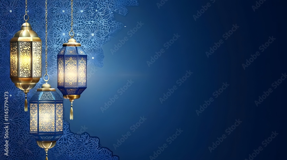 Elegant Blue and Gold Lanterns Hanging Against Intricate Background Elegant Blue and Gold Lanterns Hanging Against Intricate Background