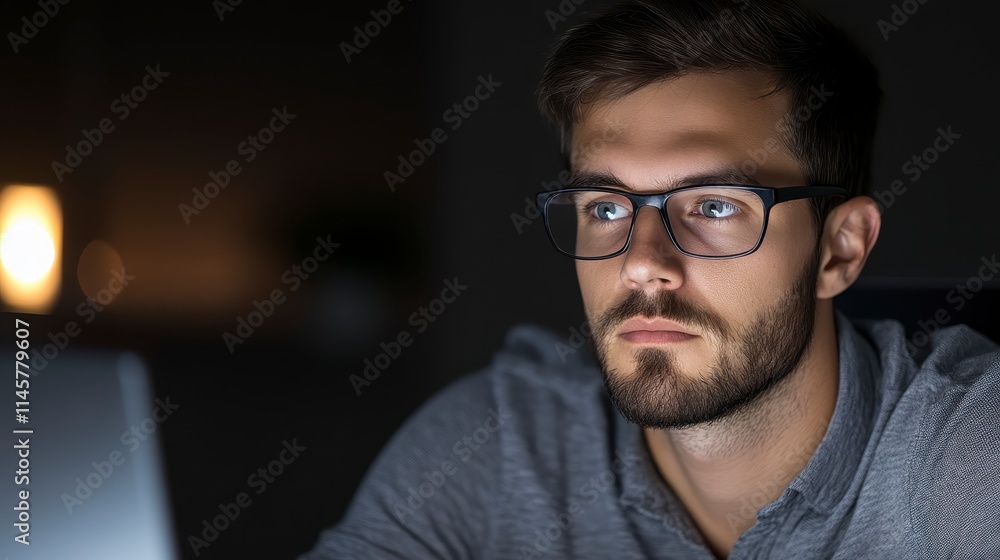 A focused man wearing glasses stares intently at a computer screen in a dimly lit environment. A focused man wearing glasses stares intently at a computer screen in a dimly lit environment.