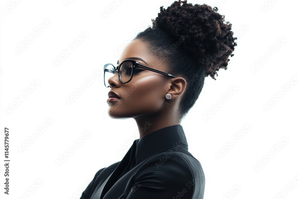 Confident woman with curly hair and glasses poses against a bright background in a modern setting Confident woman with curly hair and glasses poses against a bright background in a modern setting