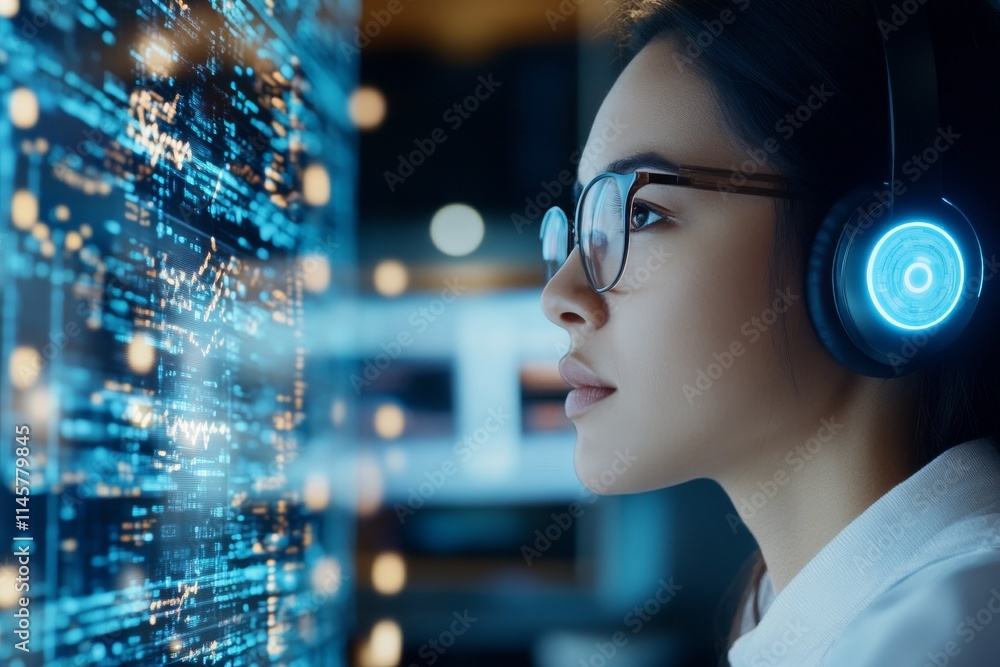 Woman focused on digital data while wearing headphones in a modern tech workspace during night hours Woman focused on digital data while wearing headphones in a modern tech workspace during night hours