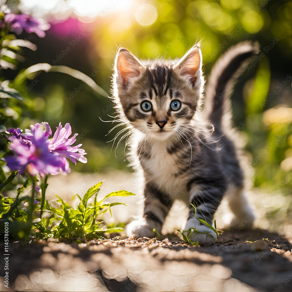 Obraz premium A playful kitten with striking blue eyes exploring a sunlit garden filled with colorful flowers, capturing the essence of curiosity and innocence in nature.