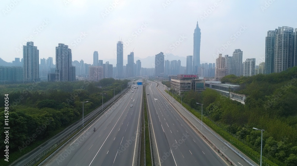 Empty Highway Leading to a Modern City Skyline Empty Highway Leading to a Modern City Skyline