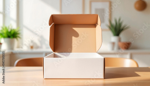 Subscription box mockup in bright interior with natural light and greenery
