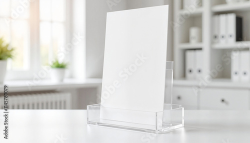 Modern flyer mockup in transparent acrylic holder on desk in minimalist office
