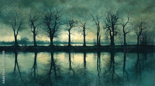 Mysterious trees silhouetted against a serene river reflecting a moody sky at twilight photo