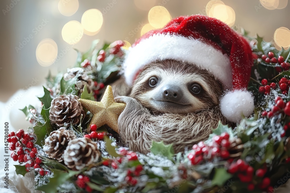 Festive baby sloth lounging in christmas wreath cozy indoor setting high fidelity imagery whimsical vibe Festive baby sloth lounging in christmas wreath cozy indoor setting high fidelity imagery whimsical vibe