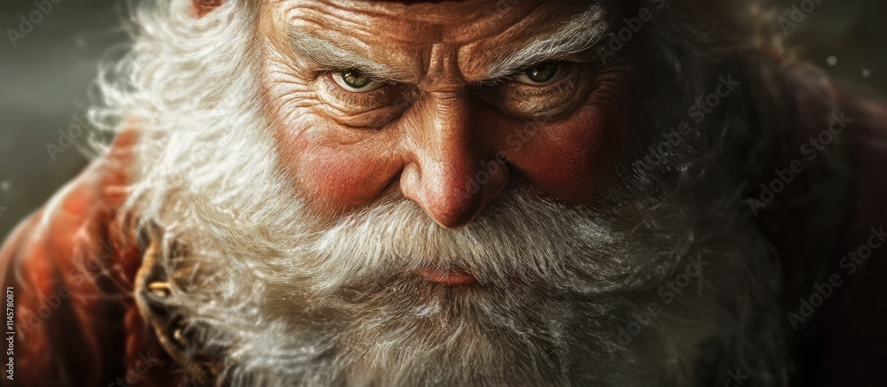 Close up portrait of a traditional Santa Claus with intense gaze and detailed white beard capturing the spirit of the holiday season Close up portrait of a traditional Santa Claus with intense gaze and detailed white beard capturing the spirit of the holiday season