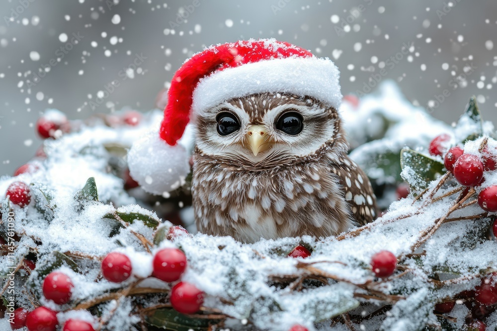 Charming baby owl in christmas wreath winter wonderland high fidelity festive atmosphere close-up adorable wildlife Charming baby owl in christmas wreath winter wonderland high fidelity festive atmosphere close-up adorable wildlife
