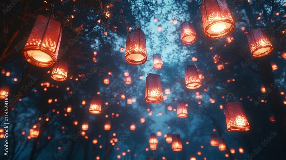 Obraz premium A large number of lanterns hanging in the air