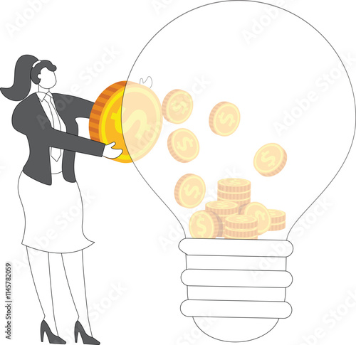 Businesswoman put coin into shiny light bulb, creative investment, creative value