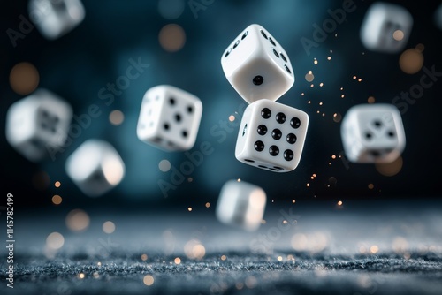 Dice are flying through the air in a dynamic display of chance and luck during a game night or casino setting photo