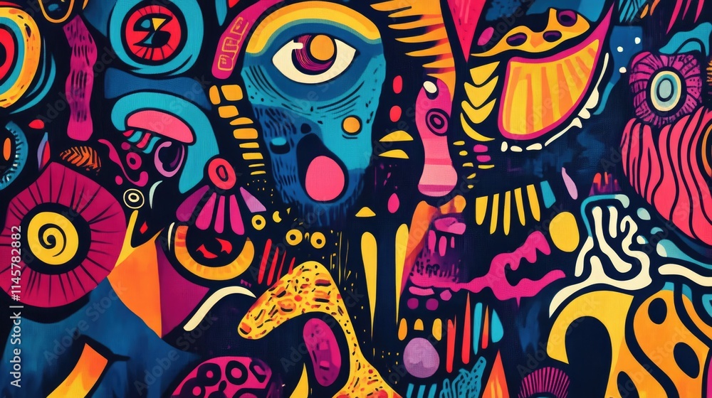 Fototapeta premium Vibrant Abstract Psychedelic Background Featuring Colorful Patterns and Faces for Modern Art and Design Projects