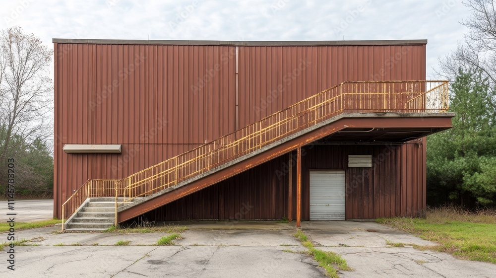 A weathered building with a staircase, showcasing industrial architecture and neglect. A weathered building with a staircase, showcasing industrial architecture and neglect.