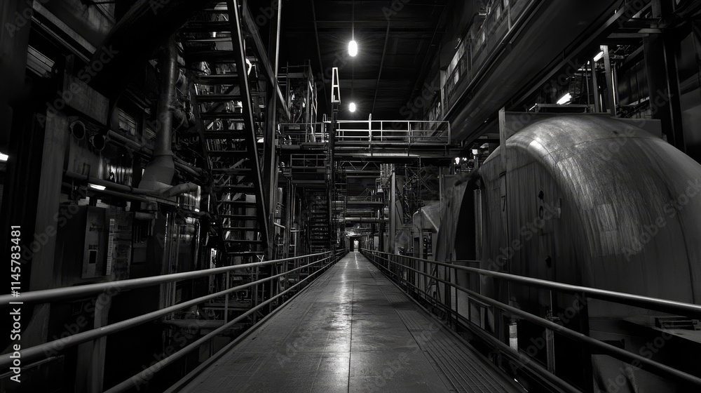 A dimly lit industrial corridor with machinery and metal structures, emphasizing a functional space. A dimly lit industrial corridor with machinery and metal structures, emphasizing a functional space.