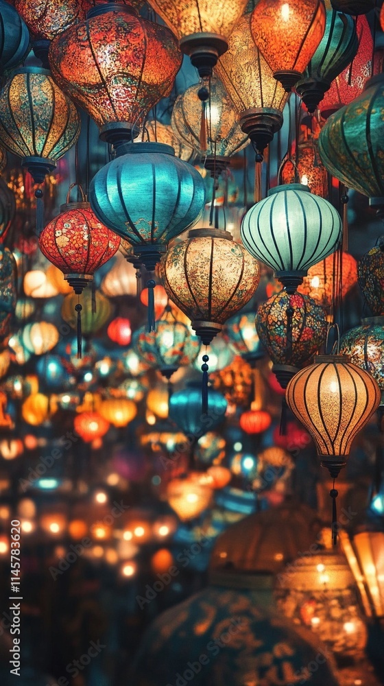 Obraz premium A large number of lanterns hanging in the air