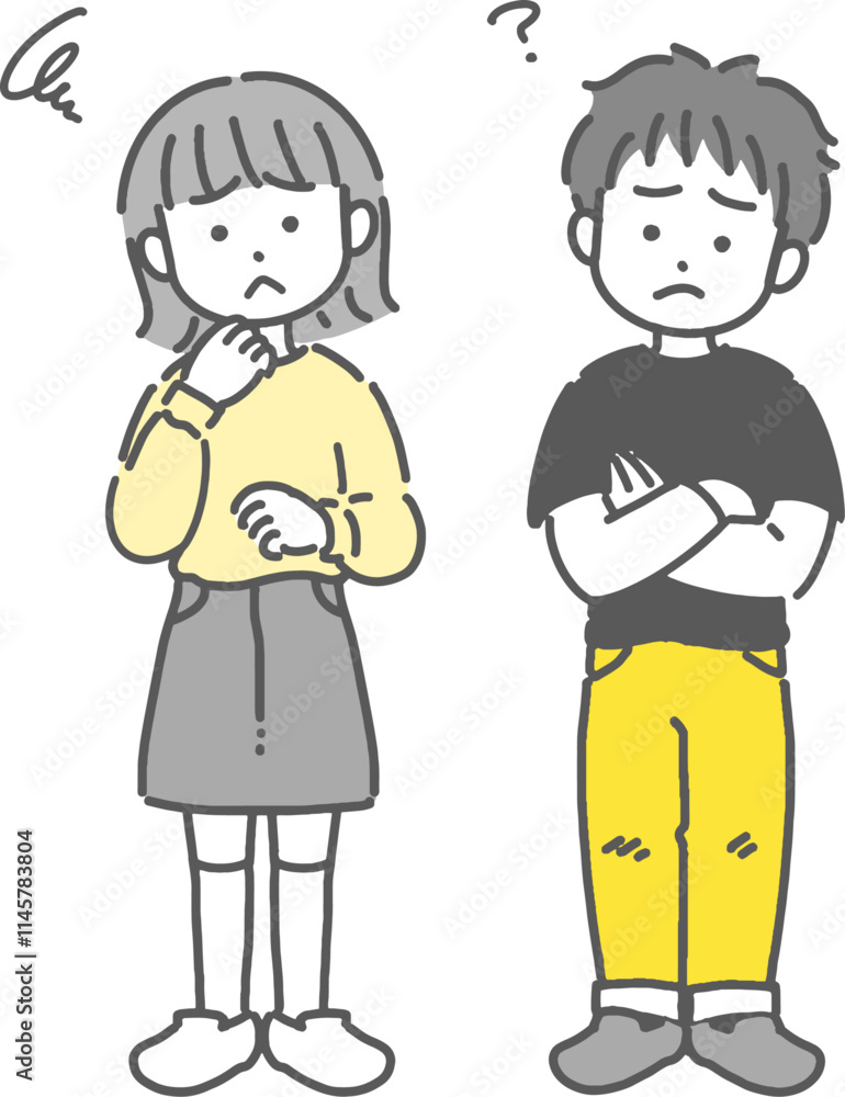 困っている男の子と女の子のかわいい線画イラスト
困っている男の子と女の子のかわいい線画イラスト