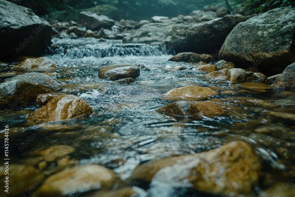 Fototapeta premium Breathtaking Image of a Clear Stream Flowing Over Rugged Stones Suitable for Nature and Outdoor Designs