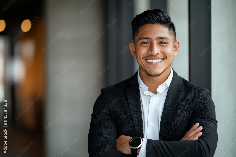 Smiling young man dressed in formal attire stands confidently by a window in an urban office setting Smiling young man dressed in formal attire stands confidently by a window in an urban office setting