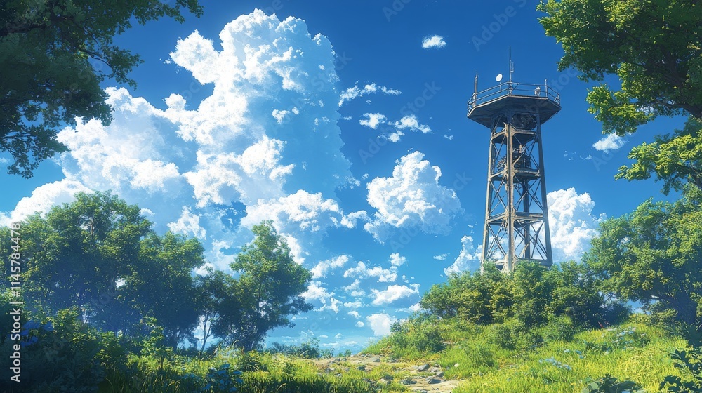 Tall Signal Tower Standing Against Bright Blue Sky with Clouds Tall Signal Tower Standing Against Bright Blue Sky with Clouds