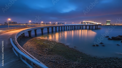Wallpaper Mural A serene evening view of a curved bridge over calm waters, illuminated by streetlights. Torontodigital.ca