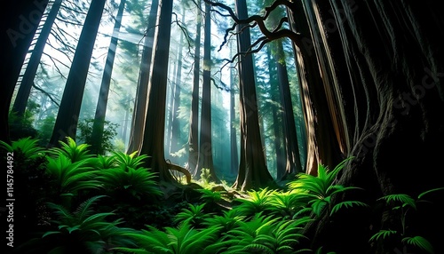 Majestic Redwood Forest Sunlight Dappled Through Canopy photo