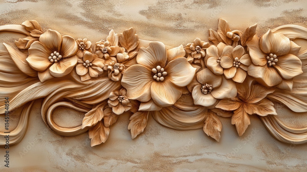 Intricate handmade relief carving of flowers and ribbons on textured background for artistic decor and design inspiration. Intricate handmade relief carving of flowers and ribbons on textured background for artistic decor and design inspiration.