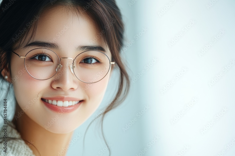 Young woman with glasses smiling warmly while sitting by a window in natural light Young woman with glasses smiling warmly while sitting by a window in natural light