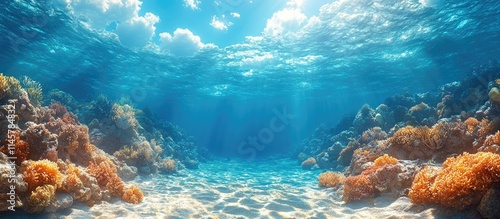 Vibrant underwater scene showcasing a diverse coral reef illuminated by sunlight cascading through clear ocean water