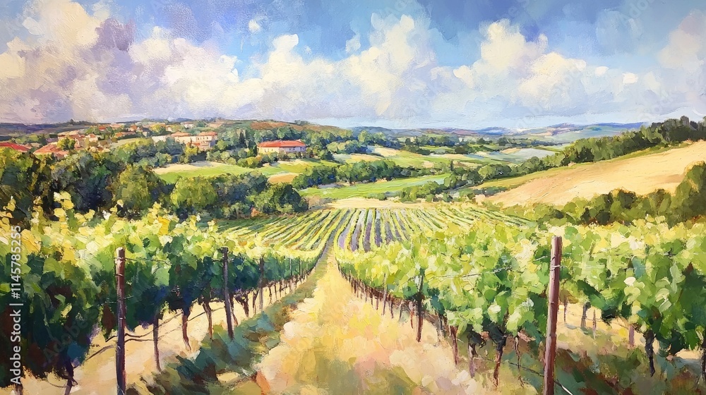 Fototapeta premium Vibrant vineyards under a bright sky showcasing lush green landscapes and rolling hills in a serene countryside setting