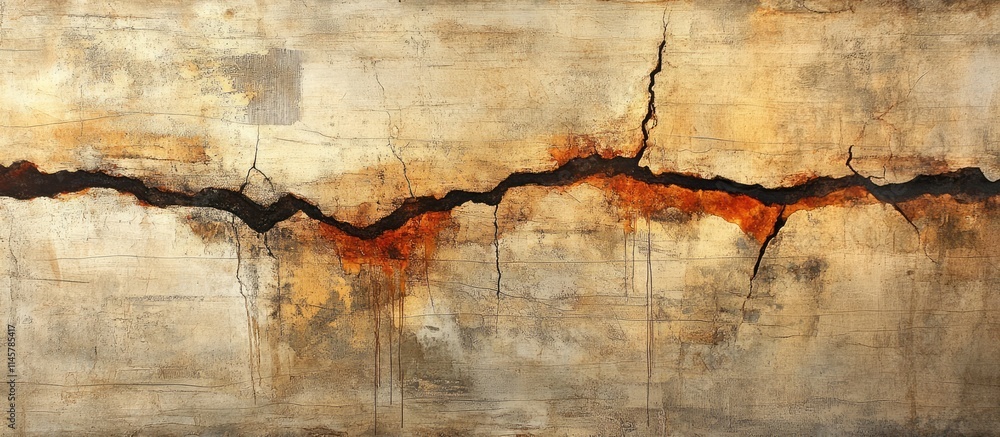 Fototapeta premium Deteriorating concrete wall with cracks and stains illustrating weathering effects and aging over time