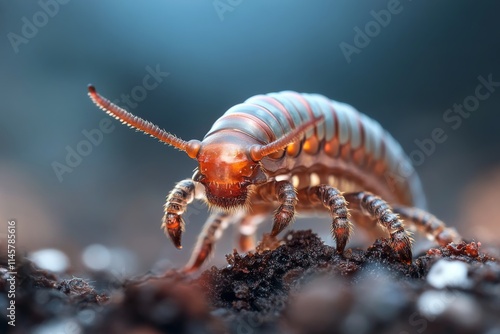 Colorful arthropod crawling on dark soil in a macro perspective during daylight hours photo