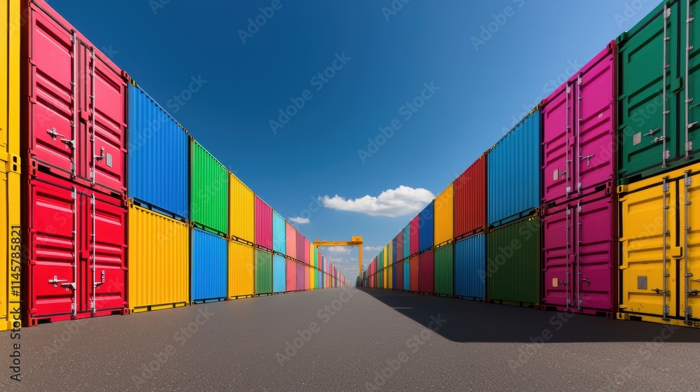Fototapeta premium Stacked shipping containers in various colors and sizes at a bustling port, representing the movement of goods and raw materials across international borders.