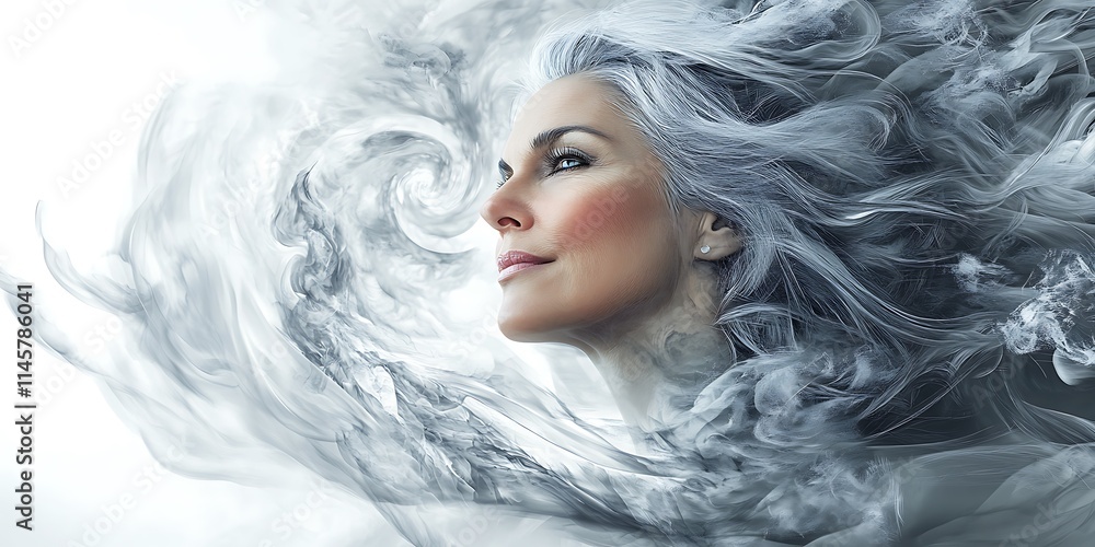 A beautiful woman with long gray hair, ethereal and misty, wearing a gray fantasy dress on white background No noise neat and clean high quality hyper-realistic A beautiful woman with long gray hair, ethereal and misty, wearing a gray fantasy dress on white background No noise neat and clean high quality hyper-realistic