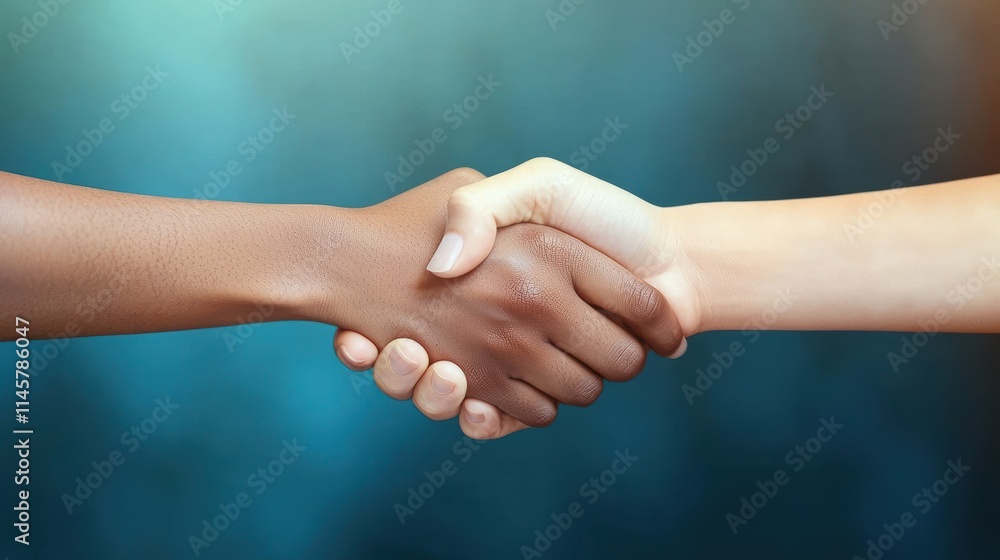 Two hands of different skin tones clasped together in a handshake, representing equality, respect, and collaboration across cultural differences. Two hands of different skin tones clasped together in a handshake, representing equality, respect, and collaboration across cultural differences.