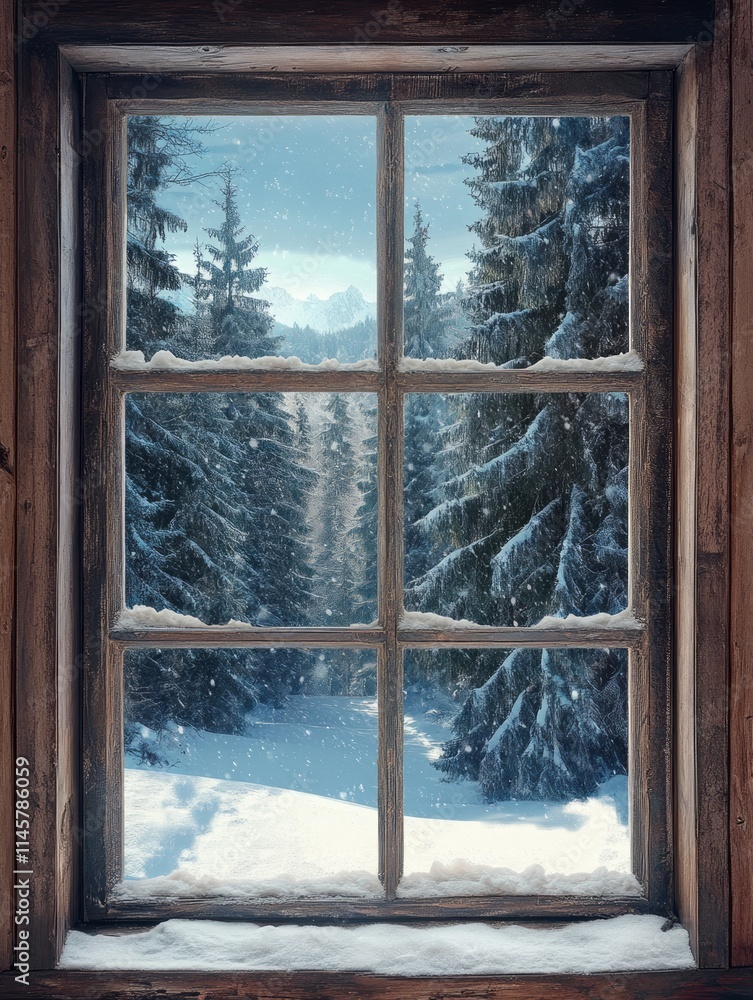 Obraz premium Winter wonderland viewed from a rustic wooden window