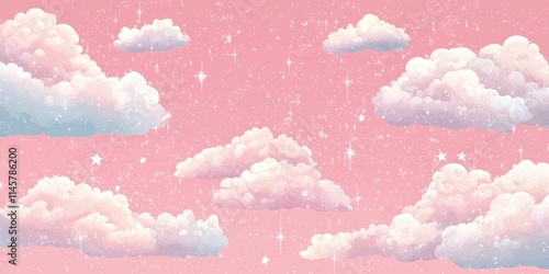 Soft Pastel Clouds with Sparkles on a Light Pink Background Suitable for Dreamy and Whimsical Designs, Illustrations, and Children's Themes