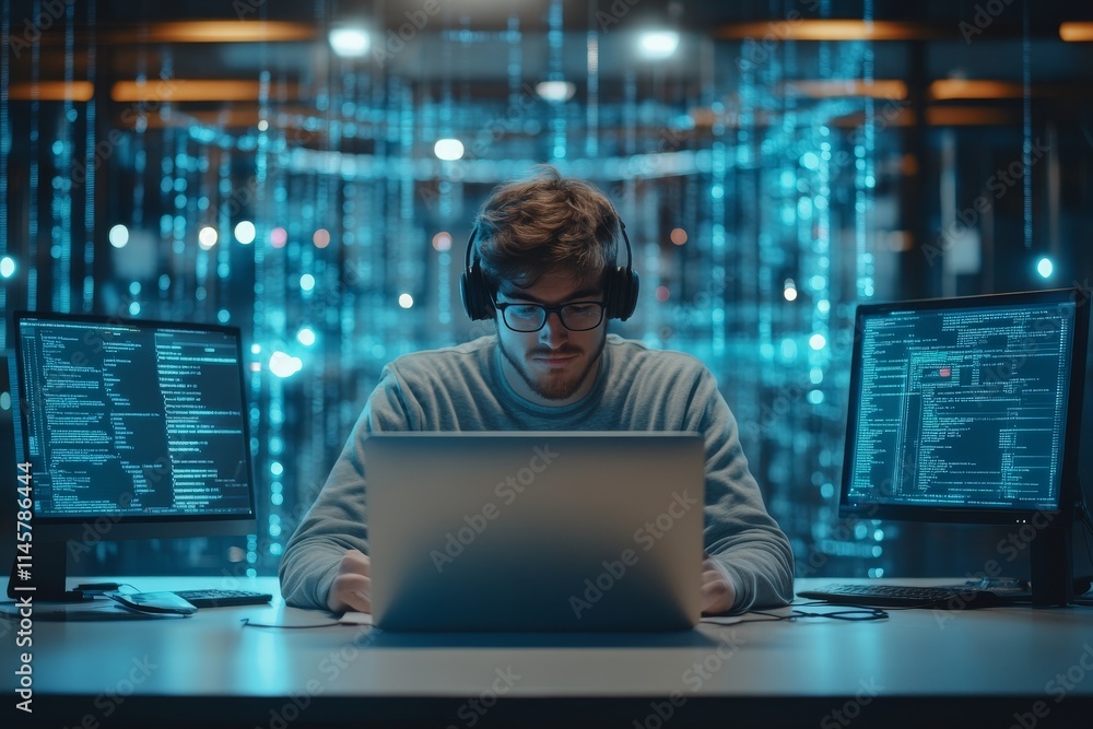 Young man coding in a modern workspace with multiple screens displaying data and technology visuals at night Young man coding in a modern workspace with multiple screens displaying data and technology visuals at night